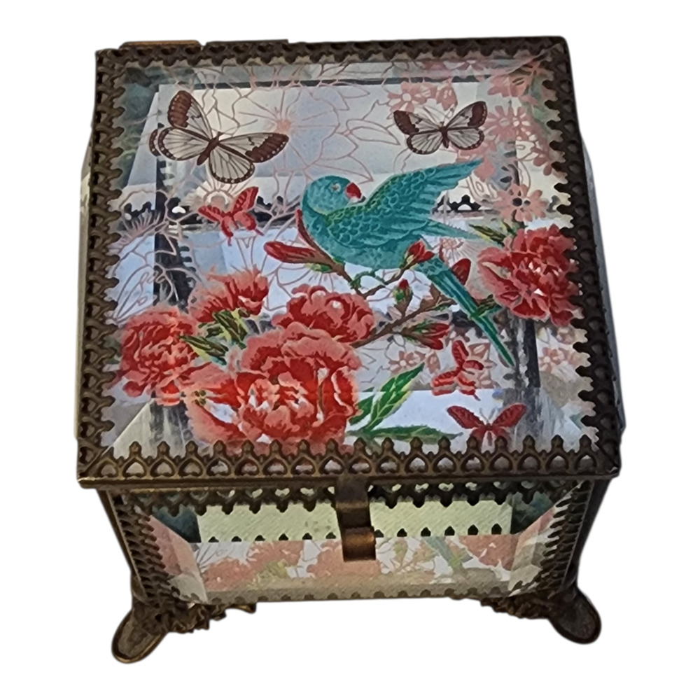 Nicole Miller Glass Trinket Box Bird Floral Jewelry Box Vintage Style Keepsake - Picture 2 of 11